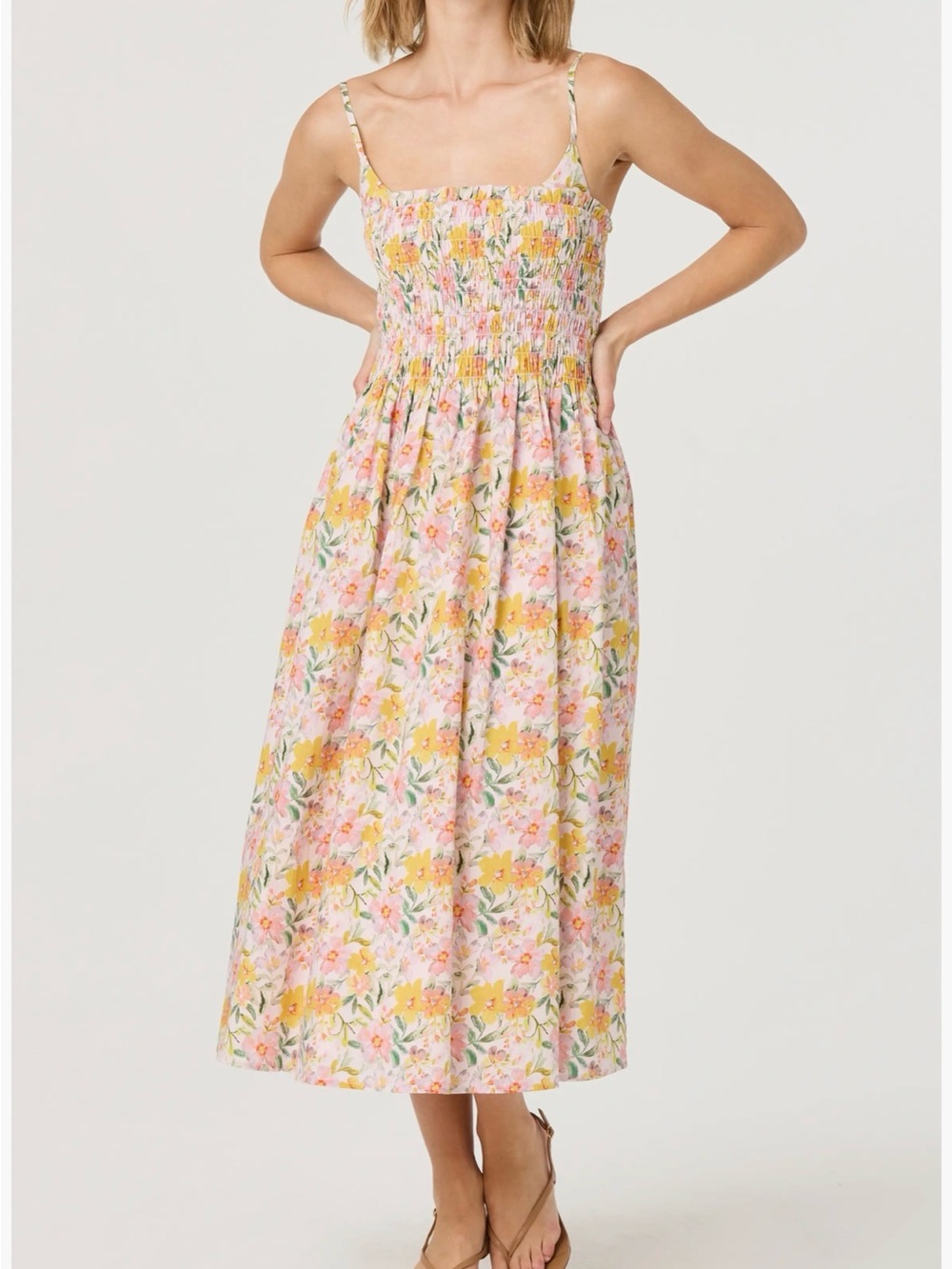Astr Floral Smocked Midi Dress in Pink and Yellow